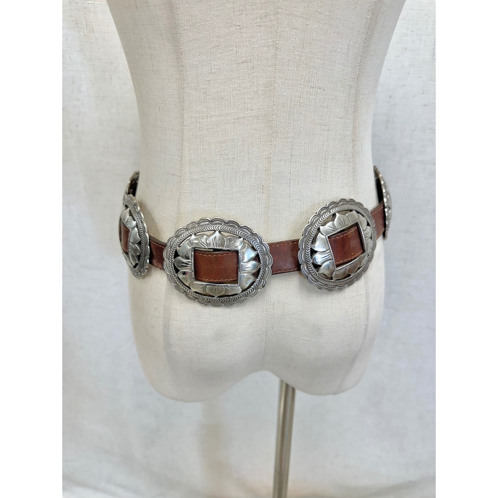 Vintage '93 Brown Leather Sunflower Silver Concho Belt Womens Large Southwestern - Picture 10 of 16
